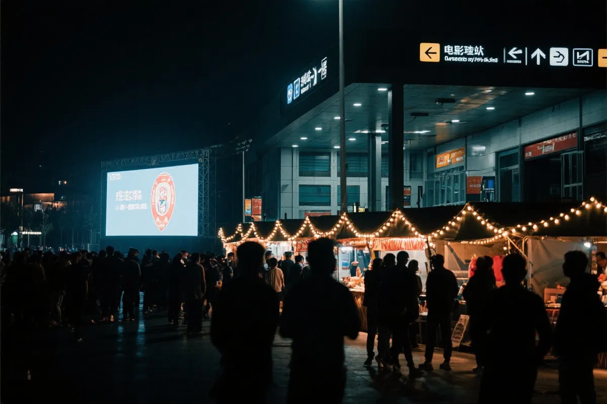费城球迷广场夜景：大屏观赛人群、步行指示牌与公共交通入口